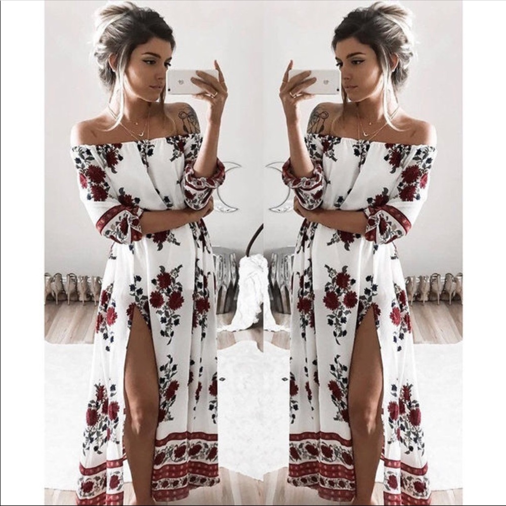 Off Shoulder Bohemian Side Slit Maxi Dress - Picture 2 of 8